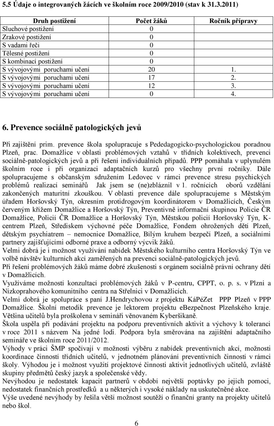 S vývojovými poruchami učení 17 2. S vývojovými poruchami učení 12 3. S vývojovými poruchami učení 0 4. 6. Prevence sociálně patologických jevů Při zajištění prim.