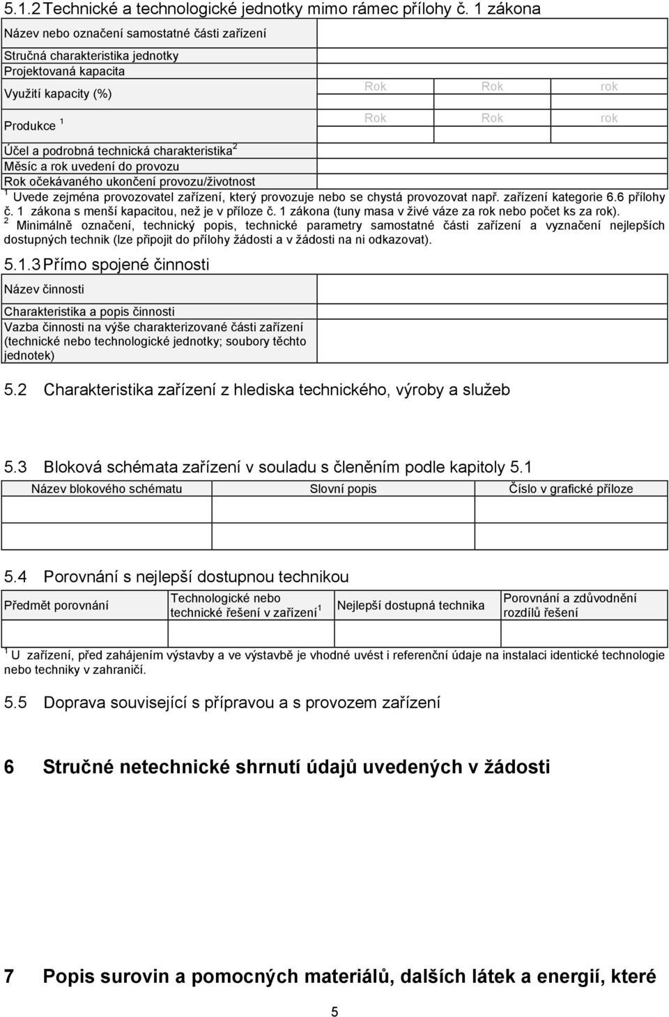 charakteristika 2 Měsíc a rok uvedení do provozu Rok očekávaného ukončení provozu/životnost 1 Uvede zejména provozovatel zařízení, který provozuje nebo se chystá provozovat např. zařízení kategorie 6.