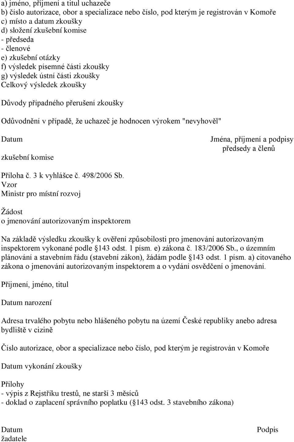 "nevyhověl" Datum zkušební komise Jména, příjmení a podpisy předsedy a členů Příloha č. 3 k vyhlášce č. 498/2006 Sb.