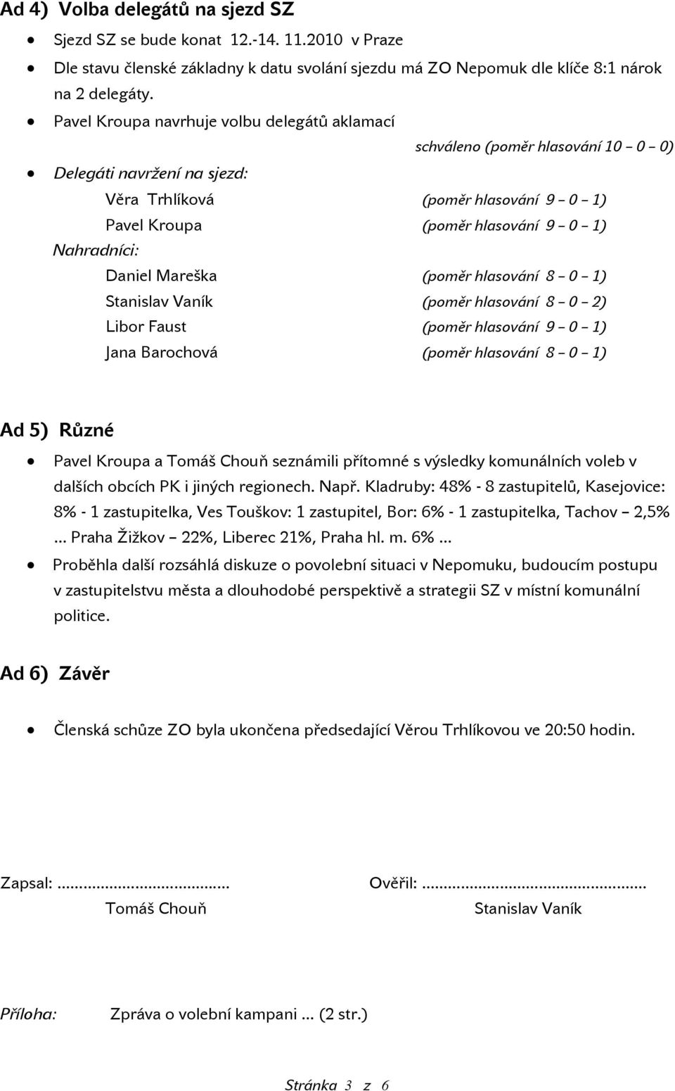 Daniel Mareška (poměr hlasování 8 0 1) Stanislav Vaník (poměr hlasování 8 0 2) Libor Faust (poměr hlasování 9 0 1) Jana Barochová (poměr hlasování 8 0 1) Ad 5) Různé Pavel Kroupa a Tomáš Chouň