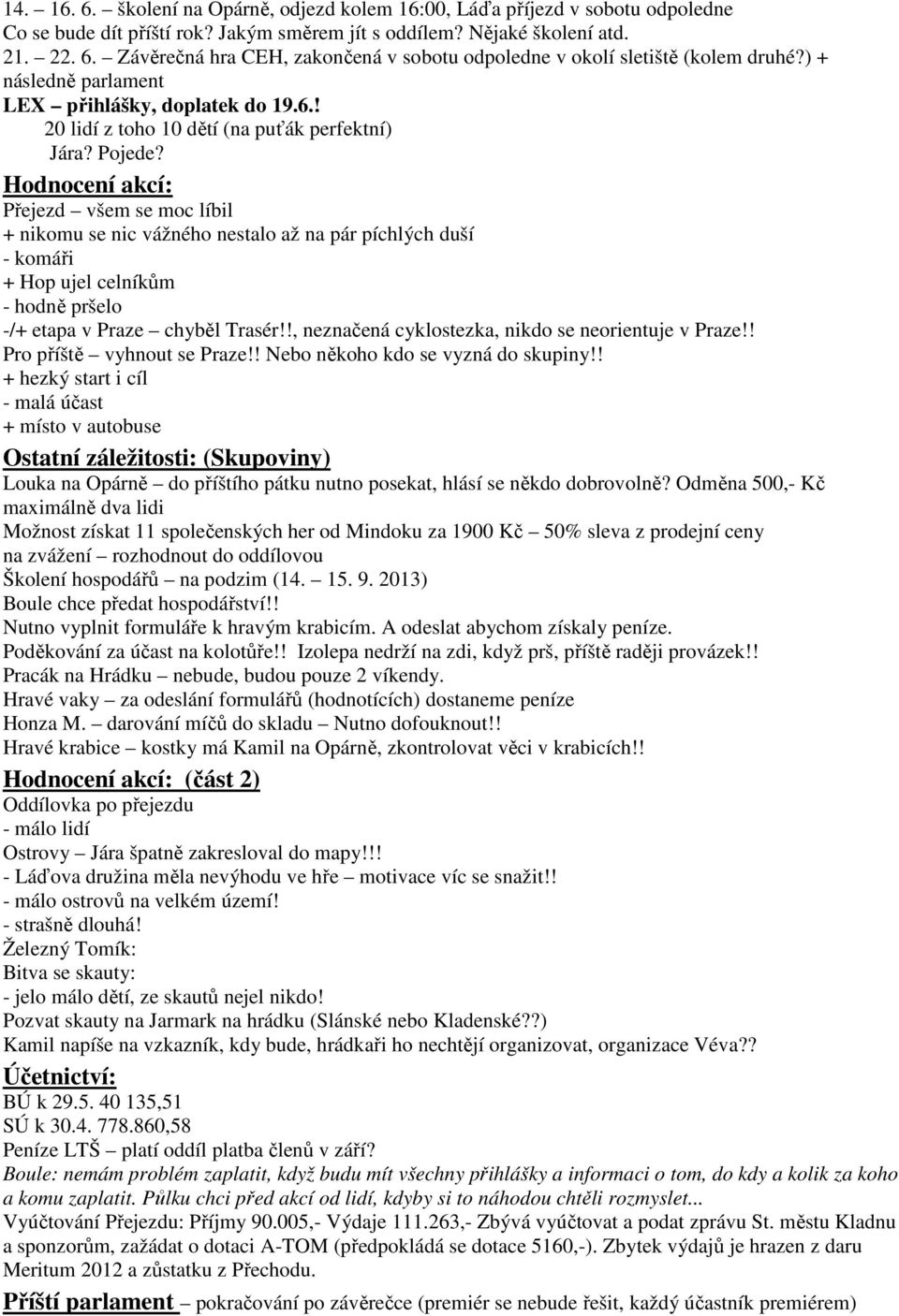 Hodnocení akcí: Přejezd všem se moc líbil + nikomu se nic vážného nestalo až na pár píchlých duší - komáři + Hop ujel celníkům - hodně pršelo -/+ etapa v Praze chyběl Trasér!