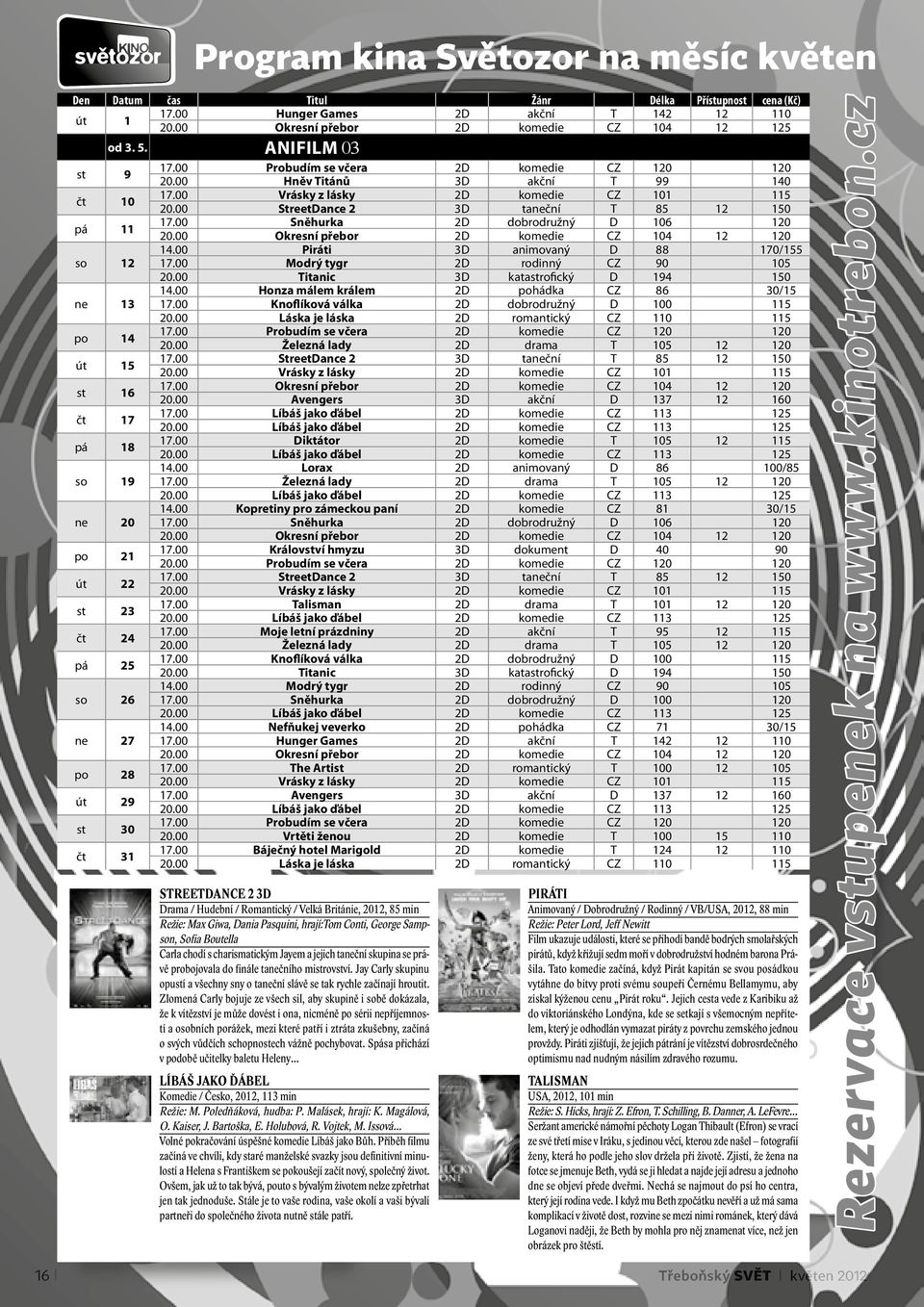 Anifilm 03 17.00 Probudím se včera 2D komedie CZ 120 120 20.00 Hněv Titánů 3D akční T 99 140 17.00 Vrásky z lásky 2D komedie CZ 101 115 20.00 StreetDance 2 3D taneční T 85 12 150 17.