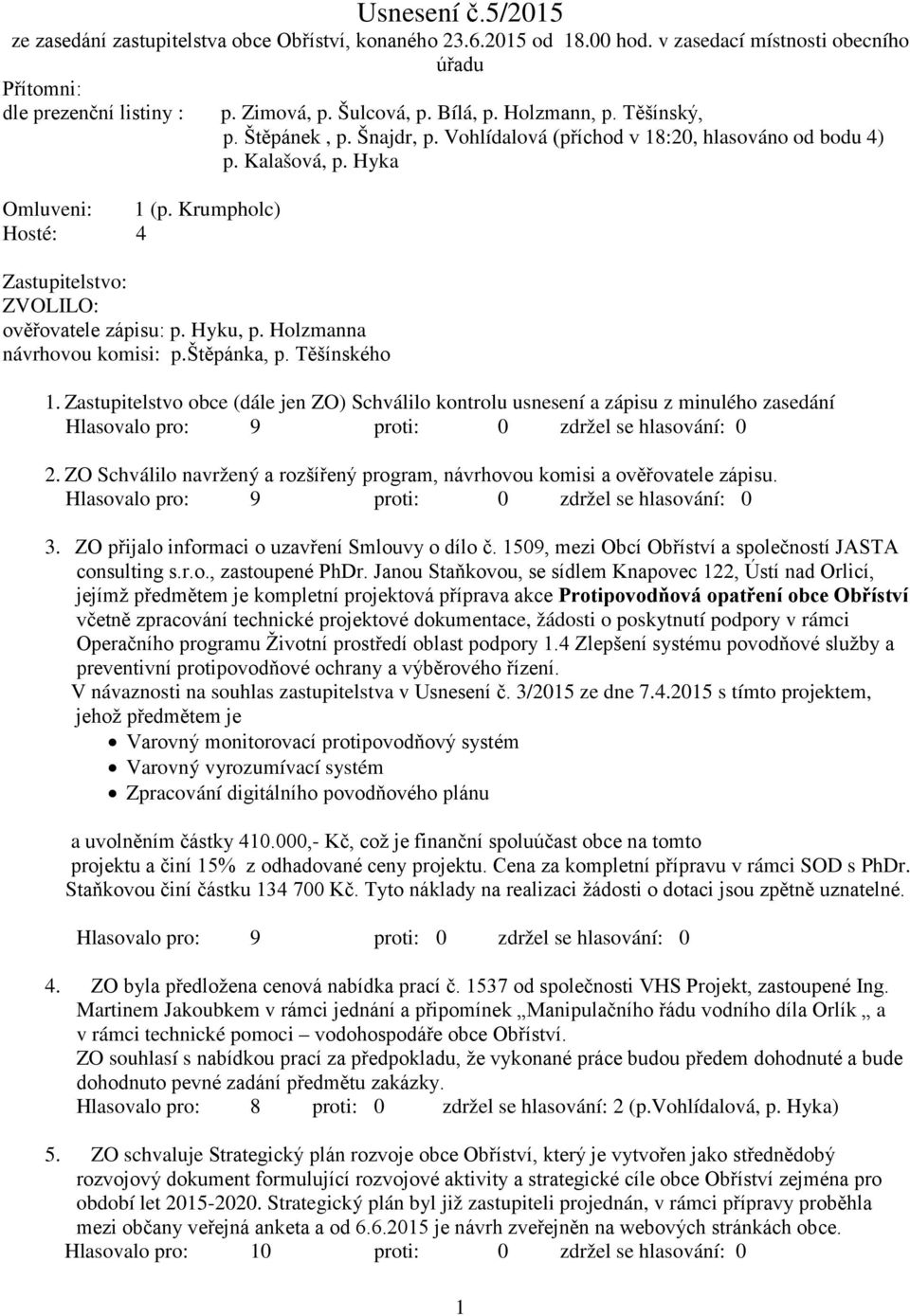 Štěpánek, p. Šnajdr, p. Vohlídalová (příchod v 18:20, hlasováno od bodu 4) p. Kalašová, p. Hyka 1.