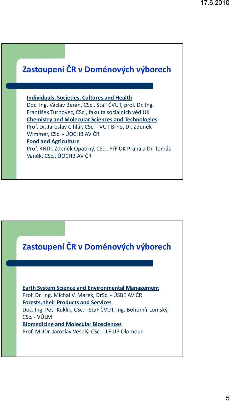 RNDr. Zdeněk Opatrný, CSc., PřF UK Praha a Dr. Tomáš Vaněk, CSc., ÚOCHB AV ČR Zastoupení ČR v Doménových výborech Earth System Science and Environmental Management Prof. Dr. Ing. Michal V.