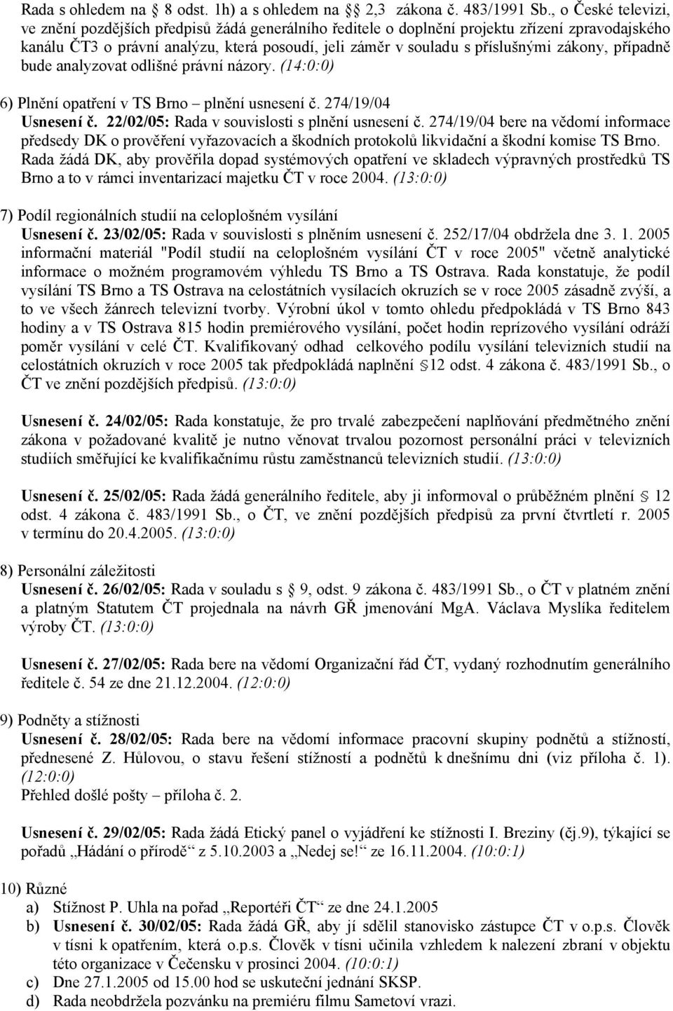 zákony, případně bude analyzovat odlišné právní názory. (14:0:0) 6) Plnění opatření v TS Brno plnění usnesení č. 274/19/04 Usnesení č. 22/02/05: Rada v souvislosti s plnění usnesení č.