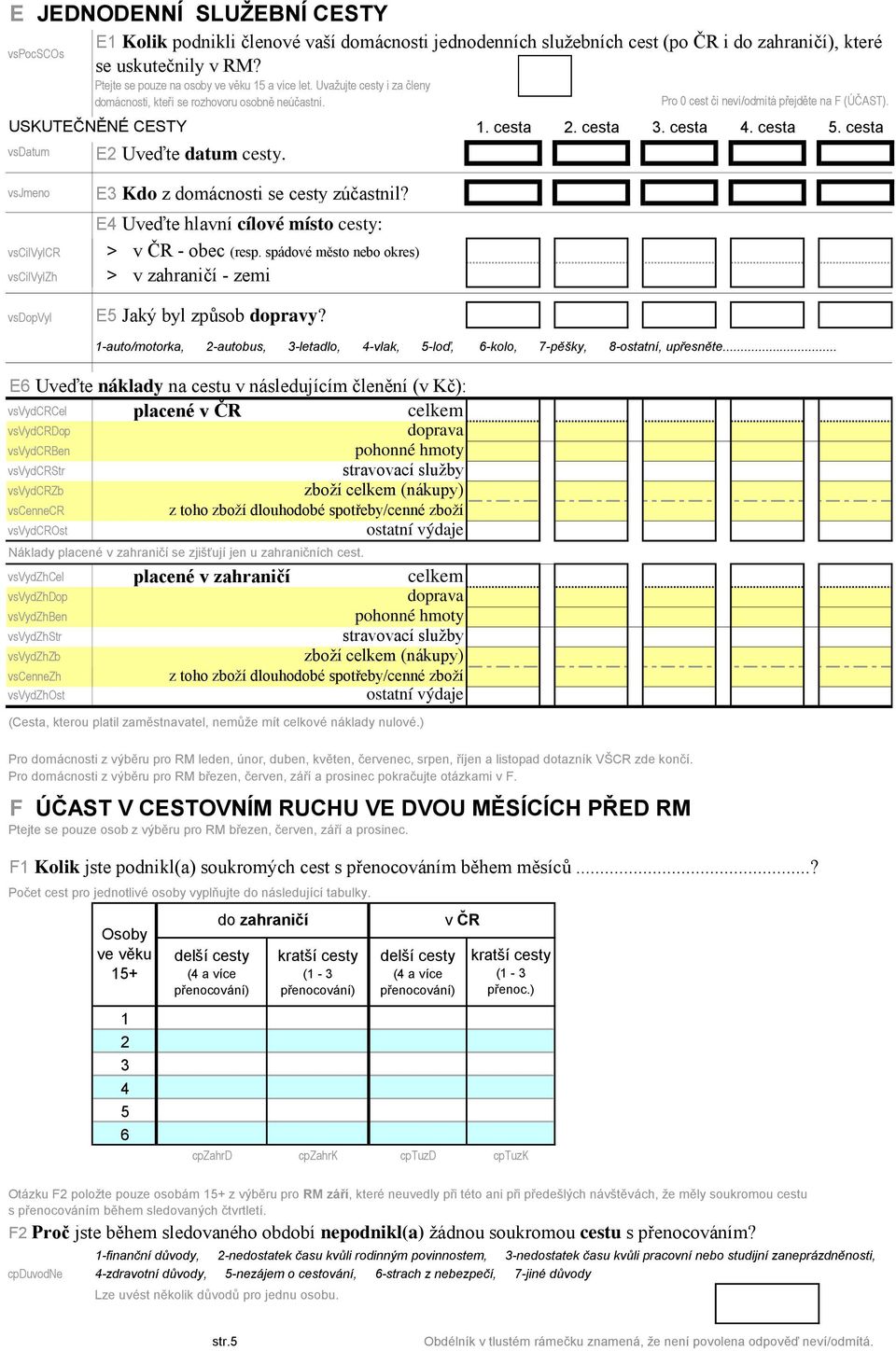 E2 Uveďte datum cesty. E3 Kdo z domácnosti se cesty zúčastnil? E4 Uveďte hlavní cílové místo cesty: vscilvylcr > - obec (resp.