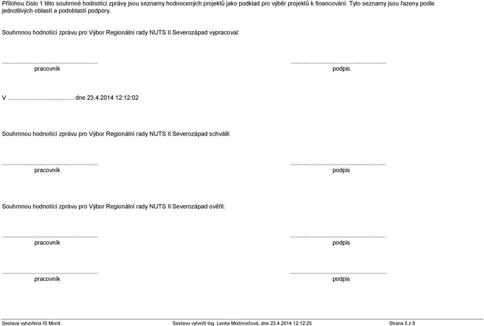 ..... pracovník podpis V... dne 23.4.2014 12:12:02 Souhrnnou hodnotící zprávu pro Výbor Regionální rady NUTS II Severozápad schválil:.