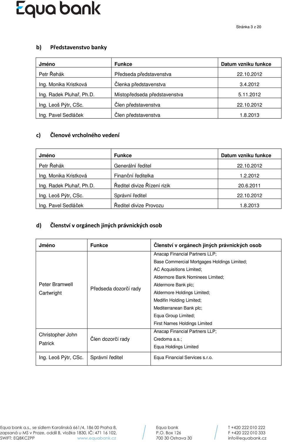 2013 c) Členové vrcholného vedení Jméno Funkce Datum vzniku funkce Petr Řehák Generální ředitel 22.10.2012 Ing. Monika Kristková Finanční ředitelka 1.2.2012 Ing. Radek Pluhař, Ph.D. Ředitel divize Řízení rizik 20.