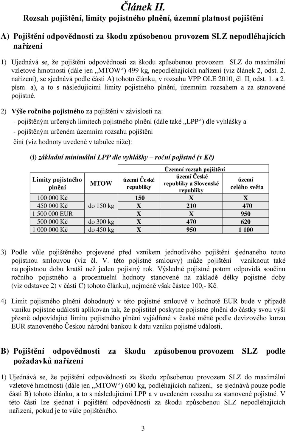 škodu způsobenou provozem SLZ do maximální vzletové hmotnosti (dále jen MTOW ) 499 kg, nepodléhajících nařízení (viz článek 2,