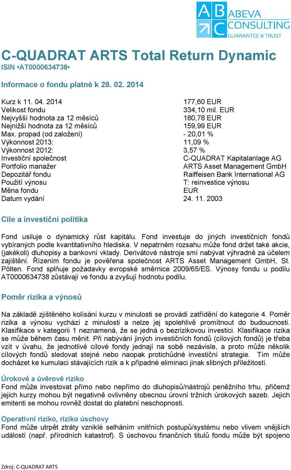 propad (od založení) - 20,01 % Výkonnost 2013: 11,09 % Výkonnost 2012: 3,57 % Investiční společnost C-QUADRAT Kapitalanlage AG Portfolio manažer ARTS Asset Management GmbH Depozitář fondu Raiffeisen