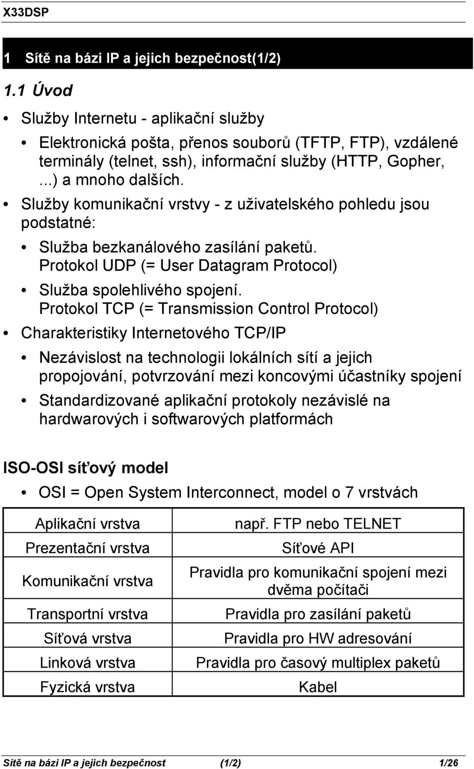 Služby komunikační vrstvy - z uživatelského pohledu jsou podstatné: Služba bezkanálového zasílání paketů. Protokol UDP (= User Datagram Protocol) Služba spolehlivého spojení.