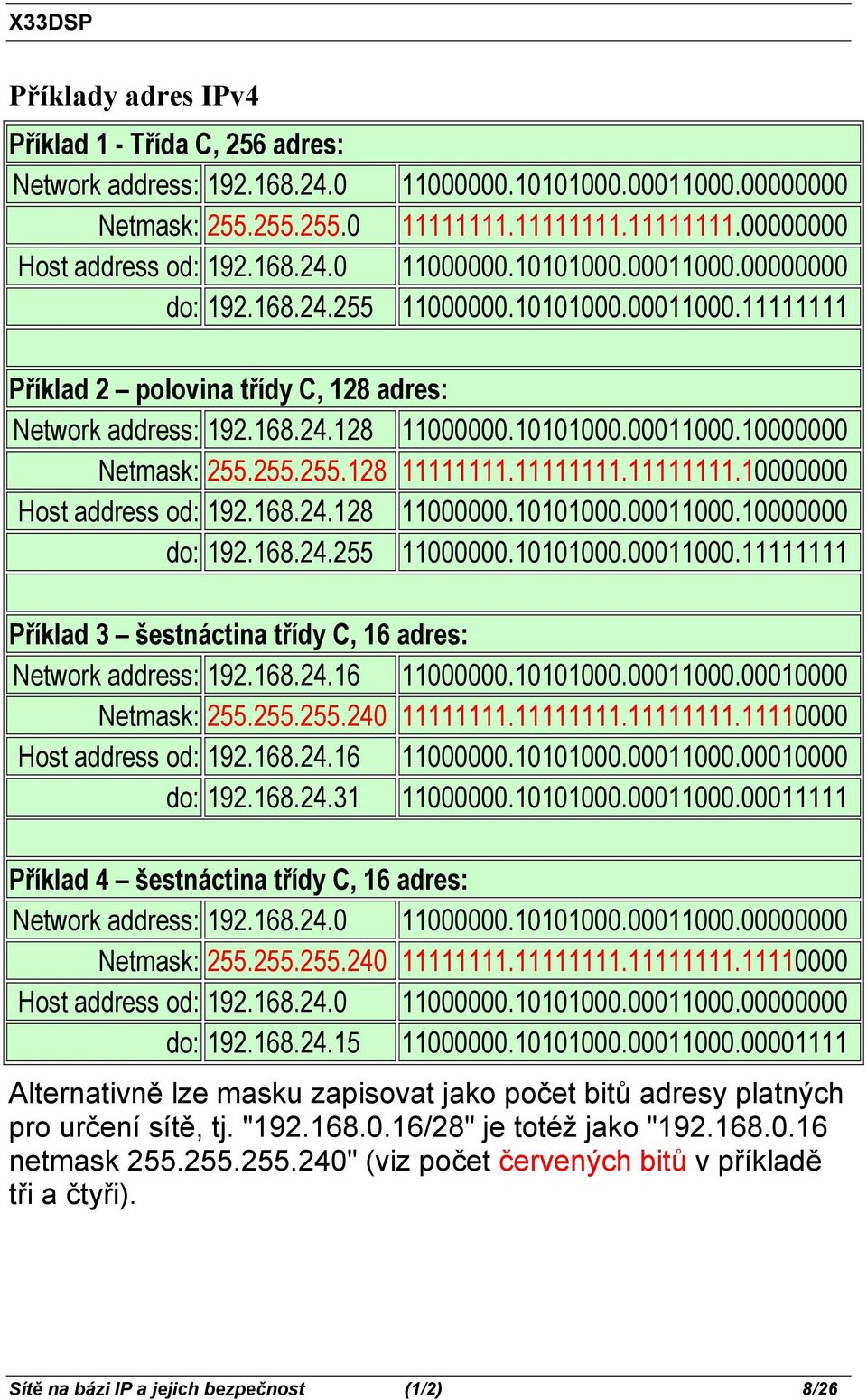 255.255.128 11111111.11111111.11111111.10000000 Host address od: 192.168.24.128 11000000.10101000.00011000.10000000 do: 192.168.24.255 11000000.10101000.00011000.11111111 Příklad 3 šestnáctina třídy C, 16 adres: Network address: 192.