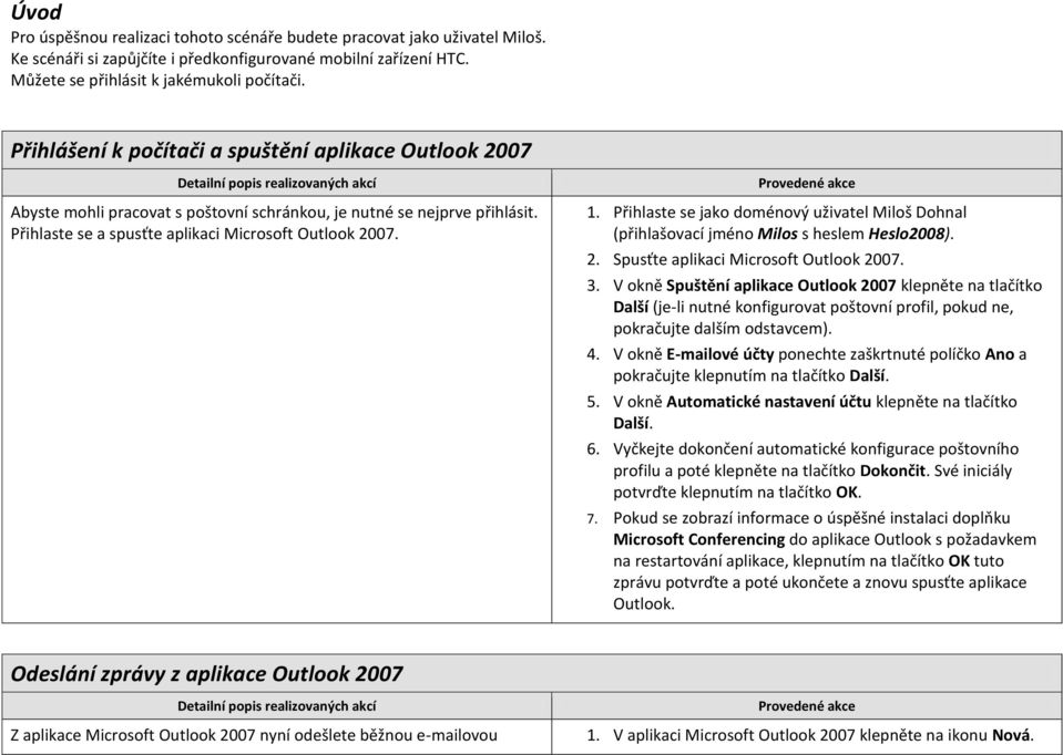 Přihlaste se jako doménový uživatel Miloš Dohnal (přihlašovací jméno Milos s heslem Heslo2008). 2. Spusťte aplikaci Microsoft Outlook 2007. 3.