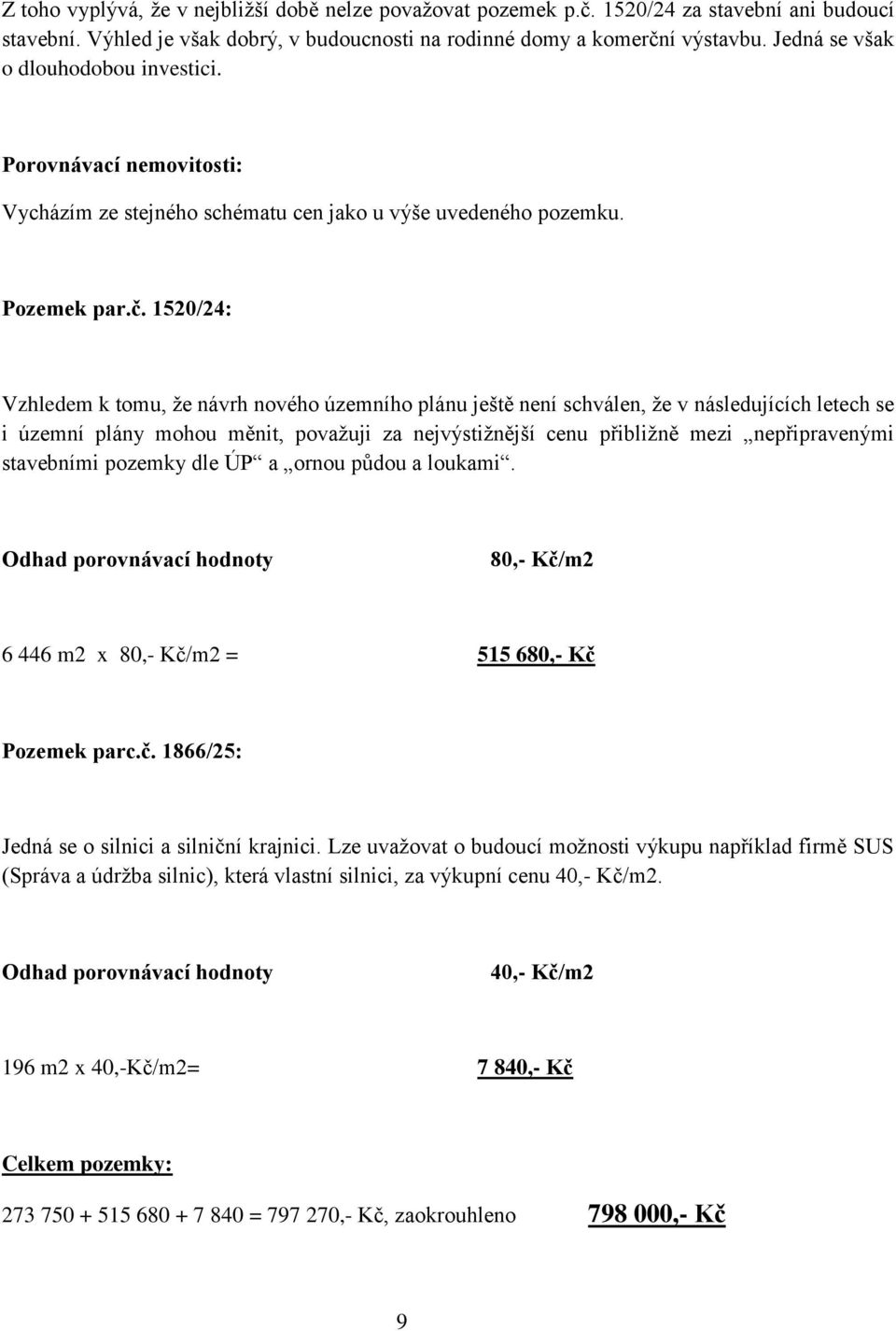 1520/24: Vzhledem k tomu, že návrh nového územního plánu ještě není schválen, že v následujících letech se i územní plány mohou měnit, považuji za nejvýstižnější cenu přibližně mezi nepřipravenými