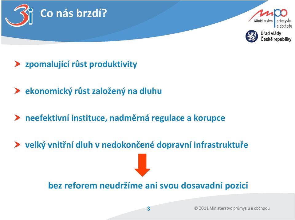 dluhu neefektivní instituce, nadměrná regulace a korupce