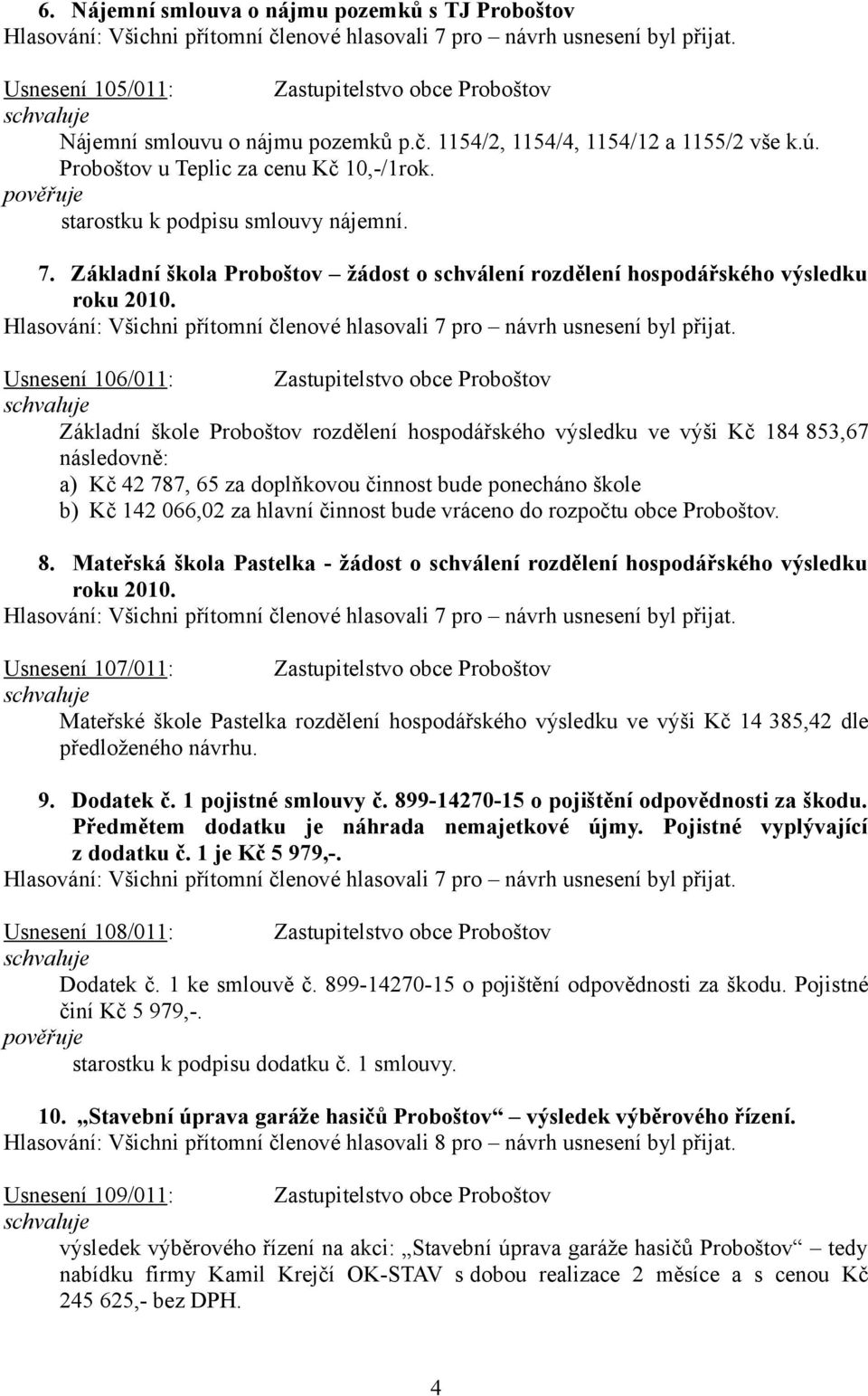 Usnesení 106/011: Zastupitelstvo obce Proboštov Základní škole Proboštov rozdělení hospodářského výsledku ve výši Kč 184 853,67 následovně: a) Kč 42 787, 65 za doplňkovou činnost bude ponecháno škole