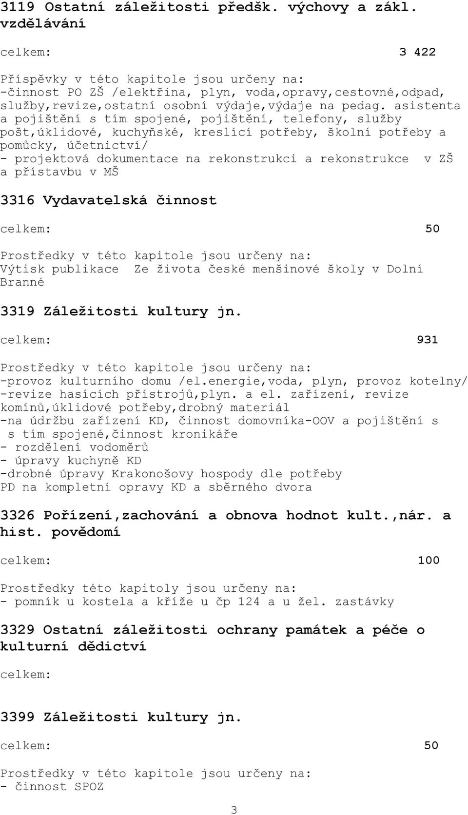 asistenta a pojištění s tím spojené, pojištění, telefony, služby pošt,úklidové, kuchyňské, kreslící potřeby, školní potřeby a pomůcky, účetnictví/ - projektová dokumentace na rekonstrukci a