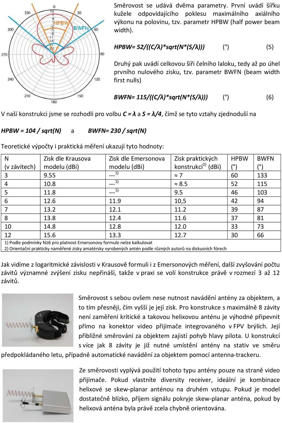 parametr BWFN (beam width first nulls) BWFN= 115/((C/λ)*sqrt(N*(S/λ))) ( ) (6) V naší konstrukci jsme se rozhodli pro volbu C = λ a S = λ/4, čímž se tyto vztahy zjednoduší na HPBW = 104 / sqrt(n) a