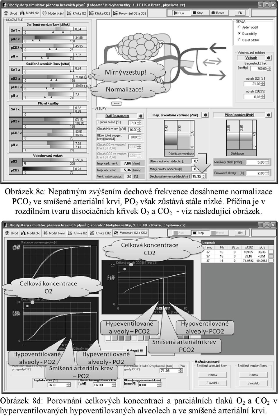 Příčina je v rozdílném tvaru disociačních křivek O 2 a CO 2 - viz následující obrázek.