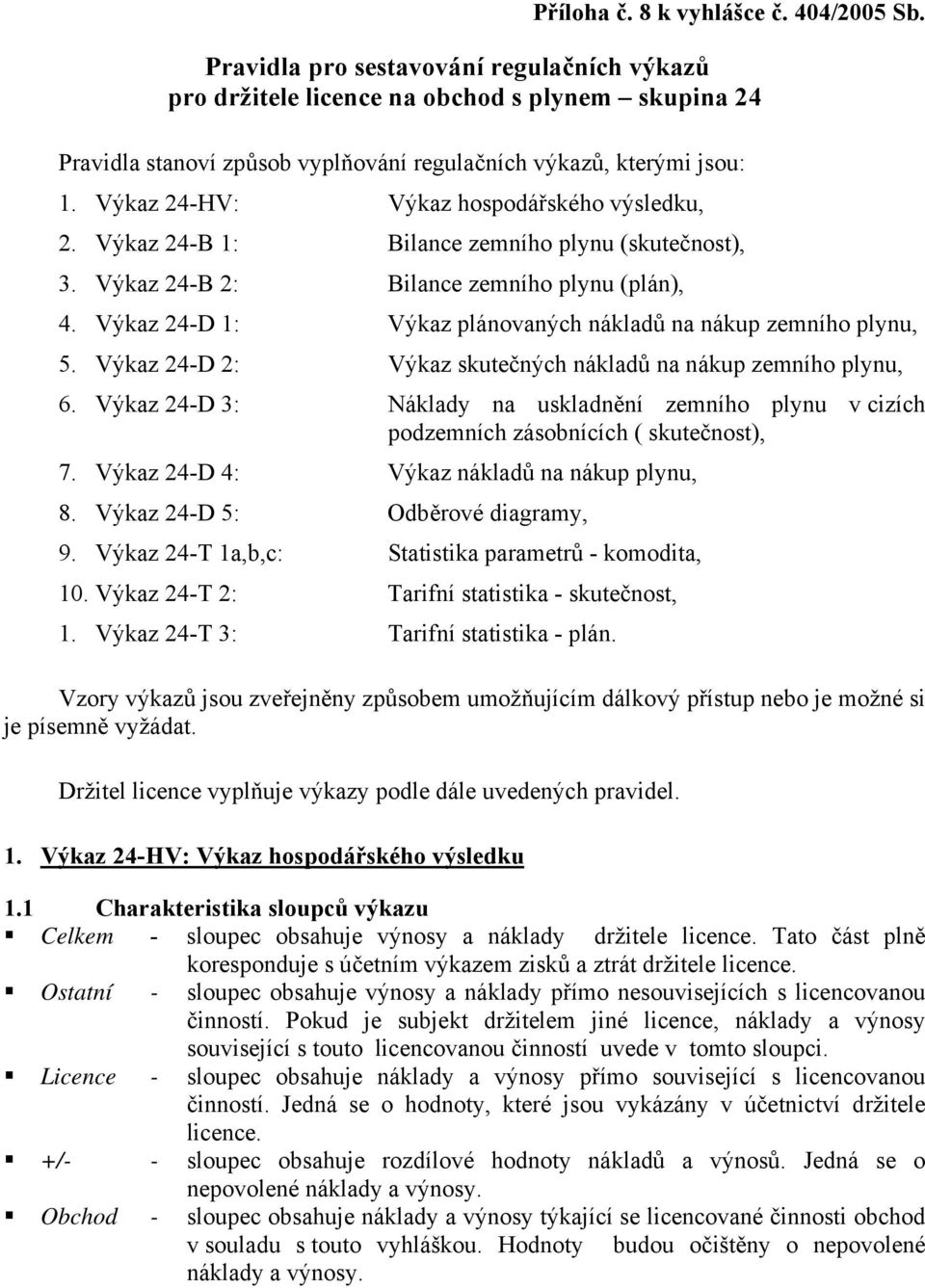 Výkaz 24-HV: Výkaz hospodářského výsledku, 2. Výkaz 24-B 1: Bilance zemního plynu (skutečnost), 3. Výkaz 24-B 2: Bilance zemního plynu (plán), 4.