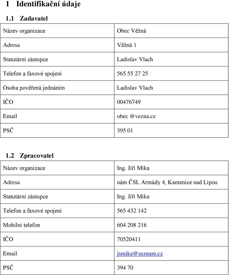 55 27 25 Osoba pověřená jednáním Ladislav Vlach IČO 00476749 Email obec @vezna.cz PSČ 395 01 1.