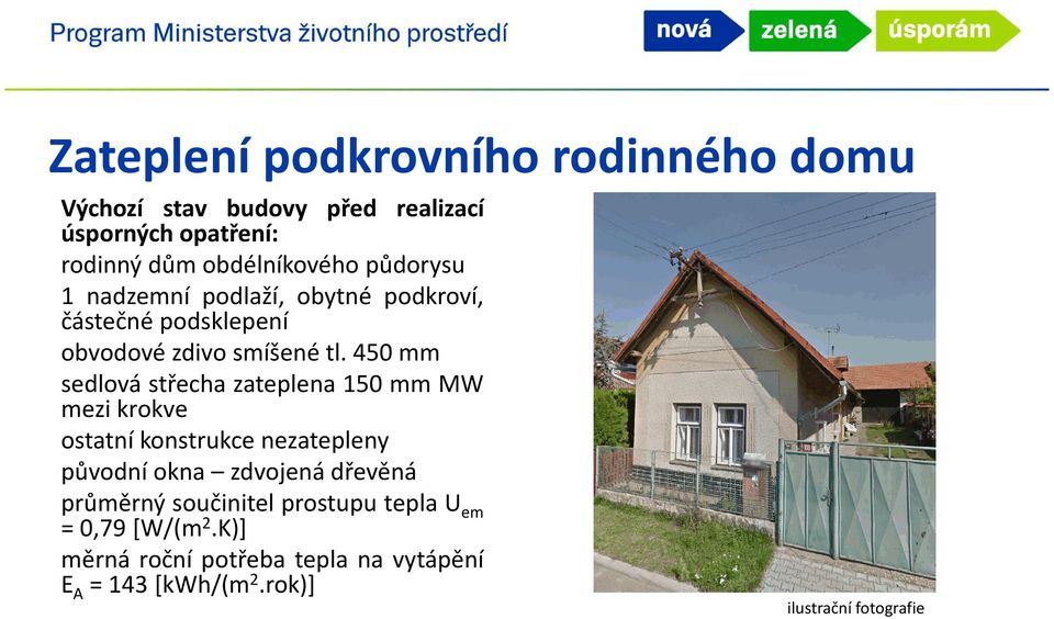 450 mm sedlová střecha zateplena 150 mm MW mezi krokve ostatní konstrukce nezatepleny původní okna zdvojená dřevěná