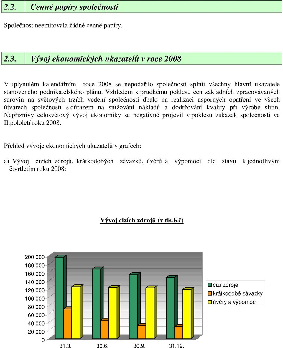 Vzhledem k prudkému poklesu cen základních zpracovávaných surovin na světových trzích vedení společnosti dbalo na realizaci úsporných opatření ve všech útvarech společnosti s důrazem na snižování