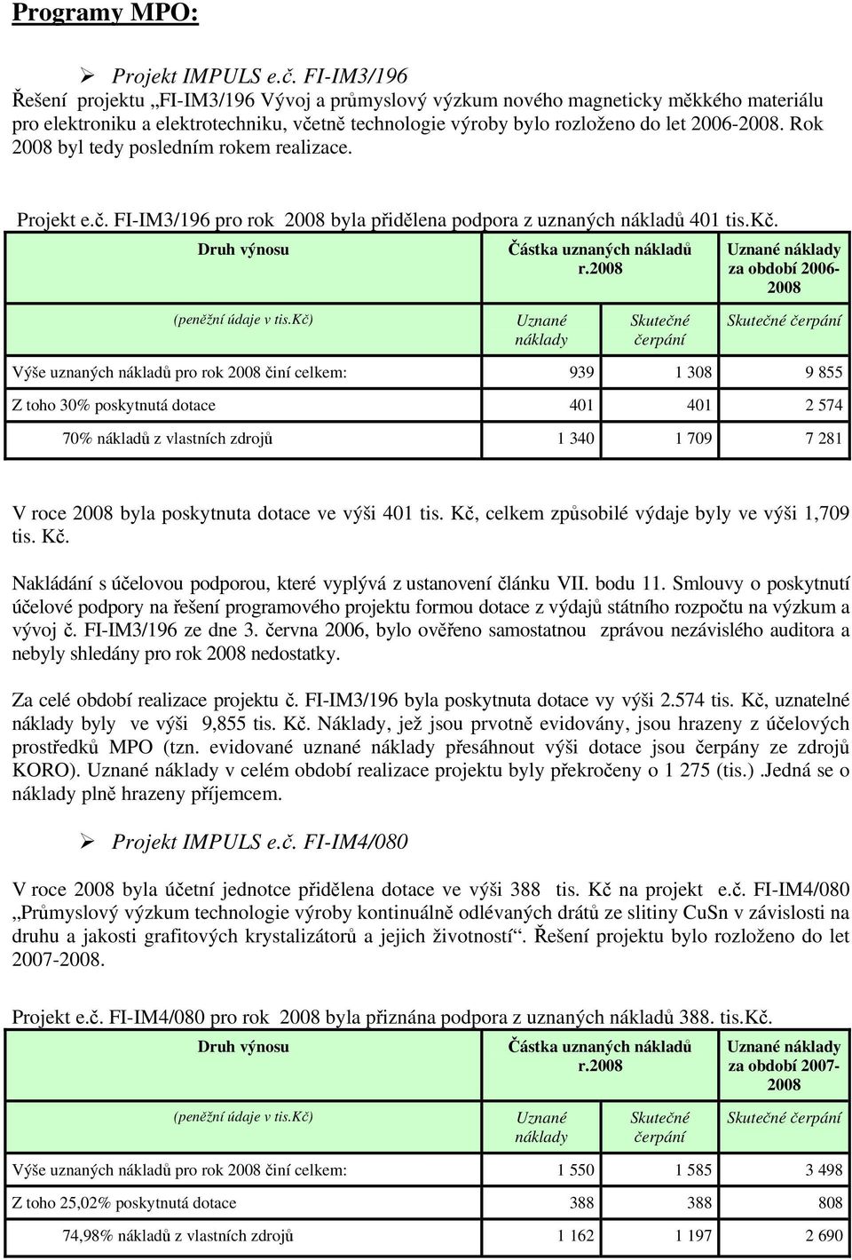 Rok 2008 byl tedy posledním rokem realizace. Projekt e.č. FI-IM3/196 pro rok 2008 byla přidělena podpora z uznaných nákladů 401 tis.kč. Druh výnosu Částka uznaných nákladů r.