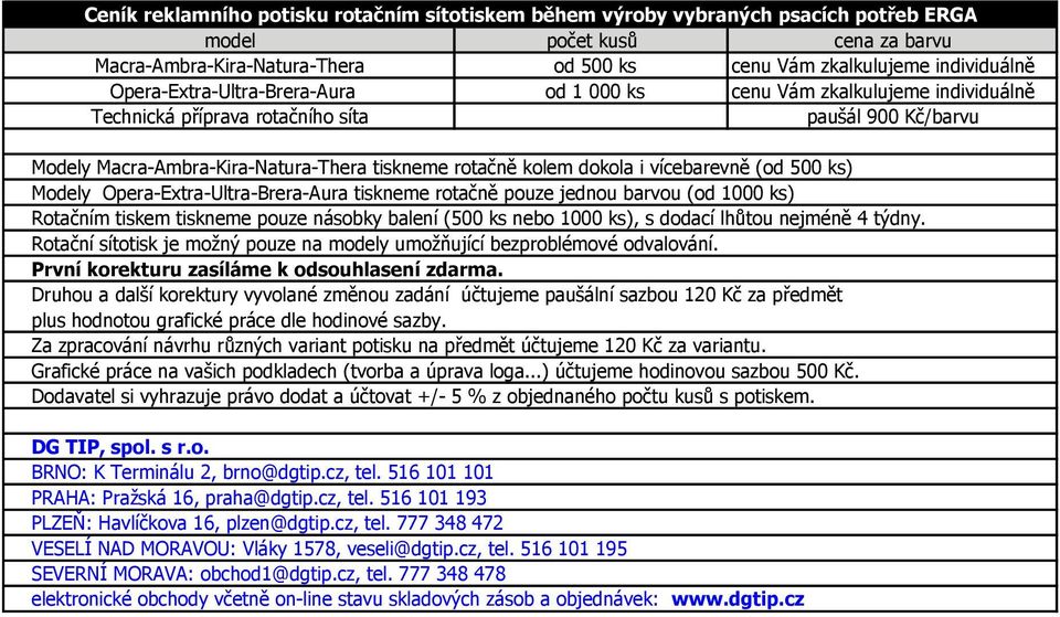 Macra-Ambra-Kira-Natura-Thera tiskneme rotačně kolem dokola i vícebarevně (od 500 ks) Modely Opera-Extra-Ultra-Brera-Aura tiskneme rotačně pouze jednou barvou (od 1000