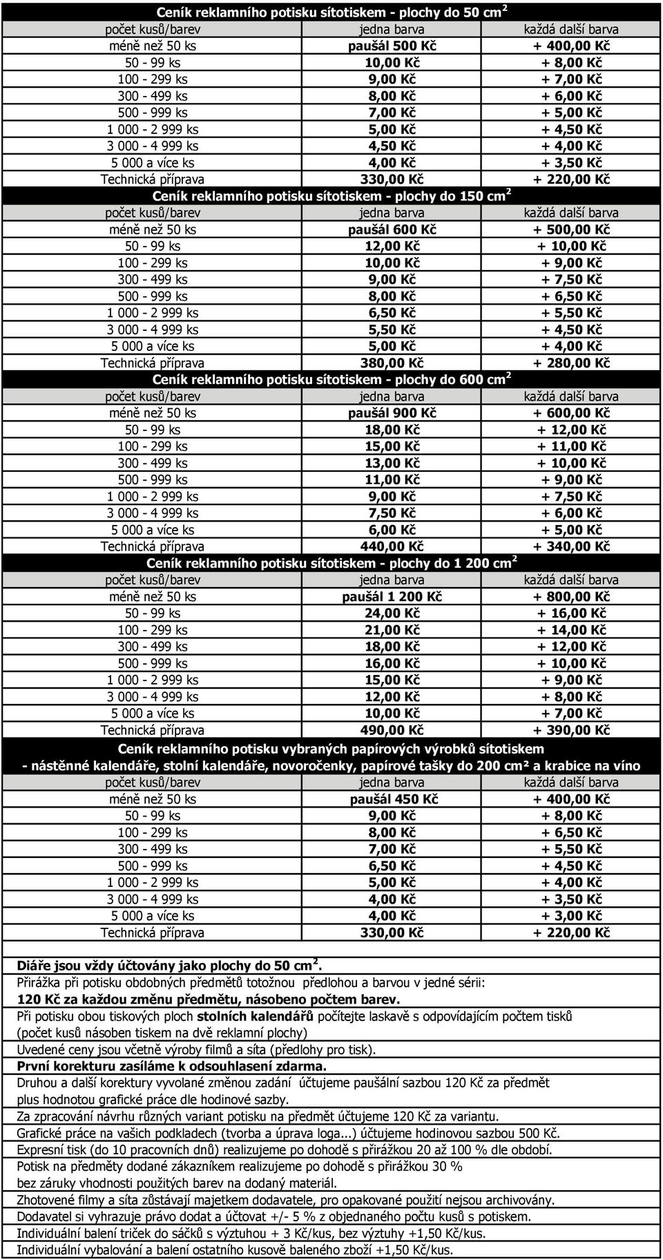 do 150 cm 2 méně než 50 ks paušál 600 Kč + 500,00 Kč 50-99 ks 12,00 Kč + 10,00 Kč 100-299 ks 10,00 Kč + 9,00 Kč 300-499 ks 9,00 Kč + 7,50 Kč 500-999 ks 8,00 Kč + 6,50 Kč 1 000-2 999 ks 6,50 Kč + 5,50