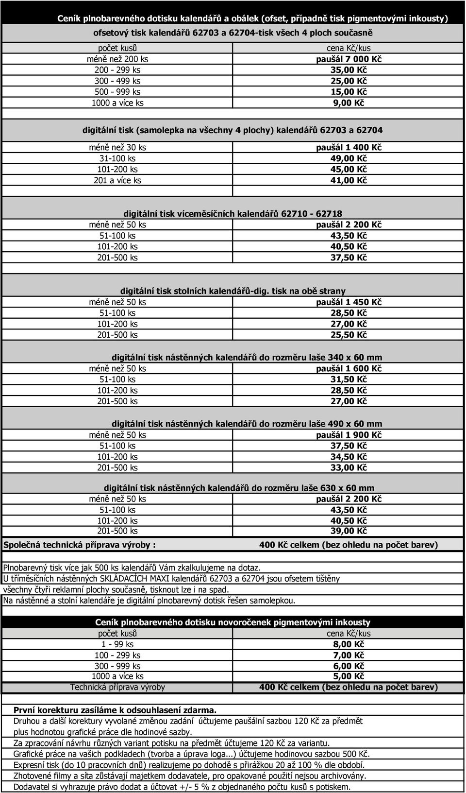 Kč 31-100 ks 49,00 Kč 101-200 ks 45,00 Kč 201 a více ks 41,00 Kč digitální tisk víceměsíčních kalendářů 62710-62718 méně než 50 ks paušál 2 200 Kč 51-100 ks 43,50 Kč 101-200 ks 40,50 Kč 201-500 ks