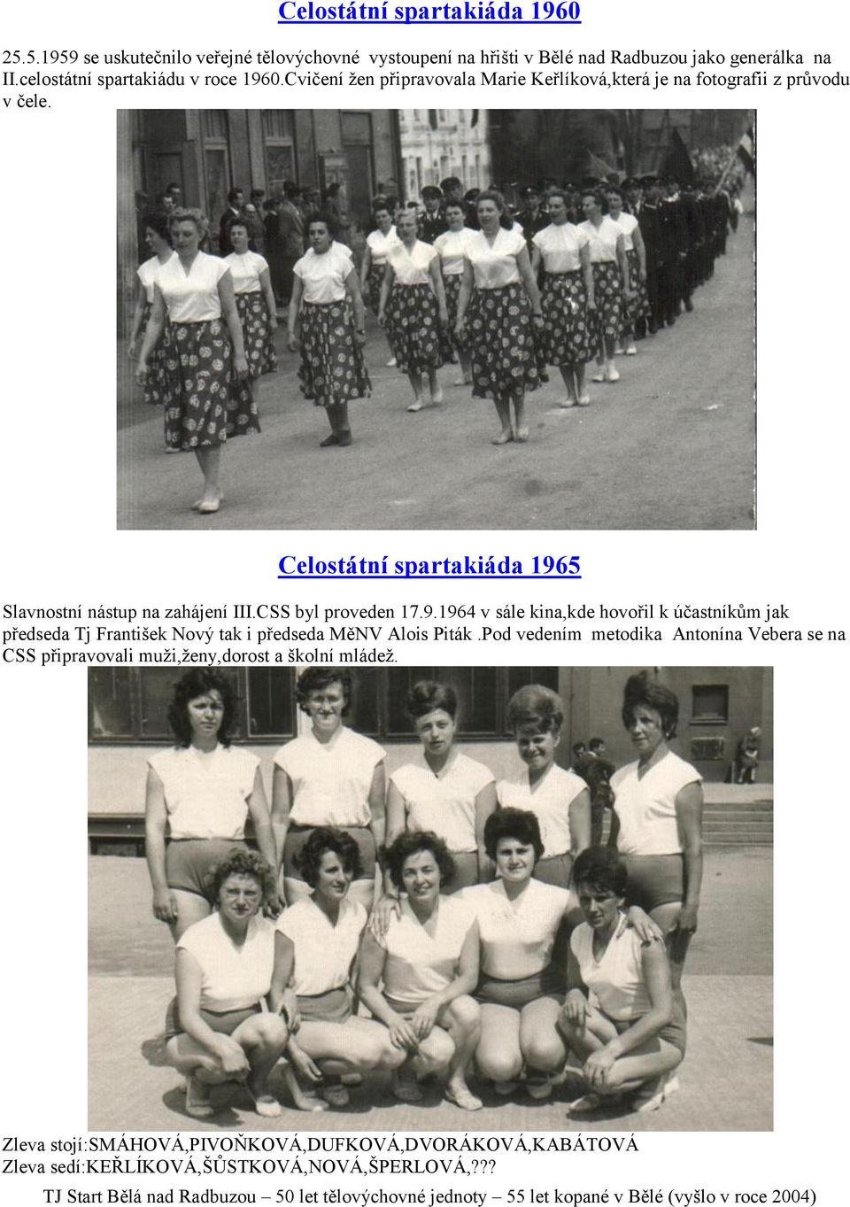Celostátní spartakiáda 1965 Slavnostní nástup na zahájení III.CSS byl proveden 17.9.1964 v sále kina,kde hovořil k účastníkům jak předseda Tj František Nový tak i předseda MěNV Alois Piták.
