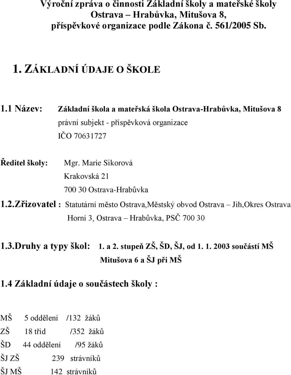 Marie Sikorová Krakovská 21 700 30 Ostrava-Hrabůvka 1.2.Zřizovatel : Statutární město Ostrava,Městský obvod Ostrava Jih,Okres Ostrava Horní 3, Ostrava Hrabůvka, PSČ 700 30 1.3.Druhy a typy škol: 1.