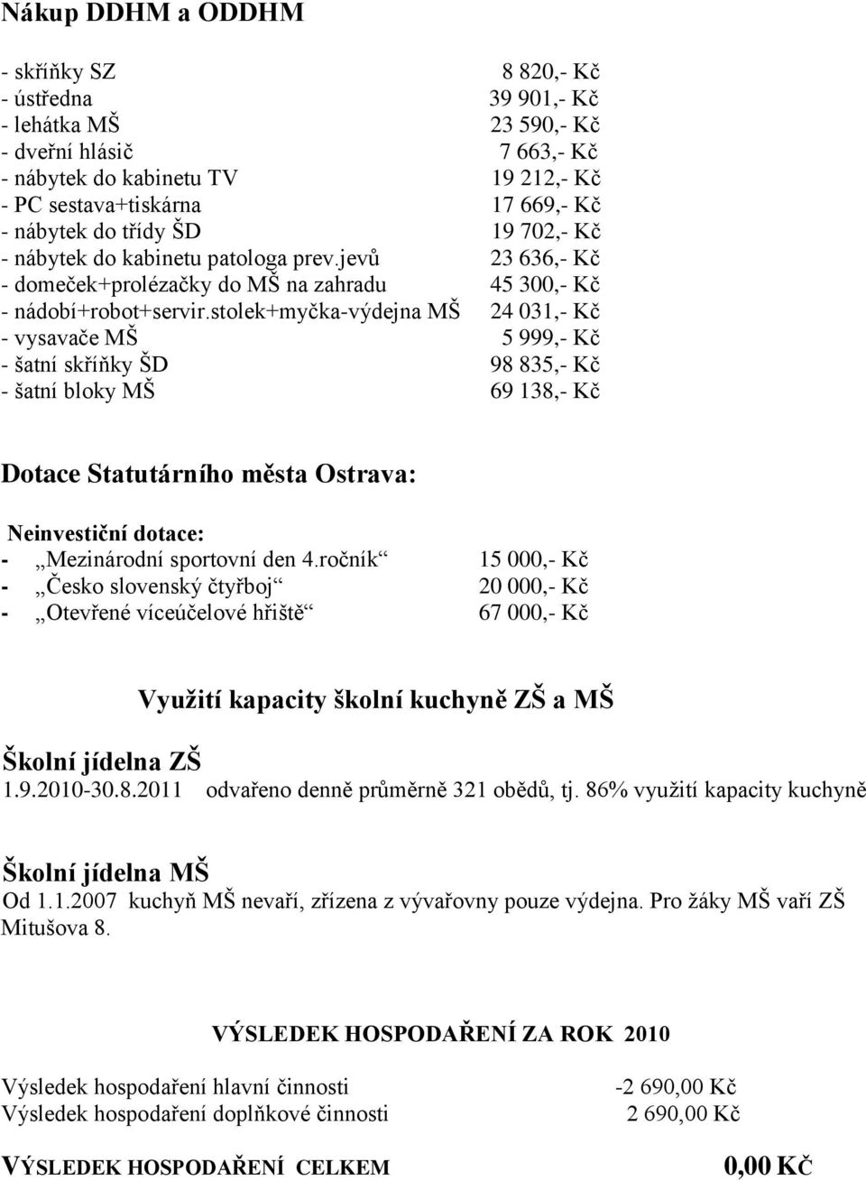 stolek+myčka-výdejna MŠ 24 031,- Kč - vysavače MŠ 5 999,- Kč - šatní skříňky ŠD 98 835,- Kč - šatní bloky MŠ 69 138,- Kč Dotace Statutárního města Ostrava: Neinvestiční dotace: - Mezinárodní