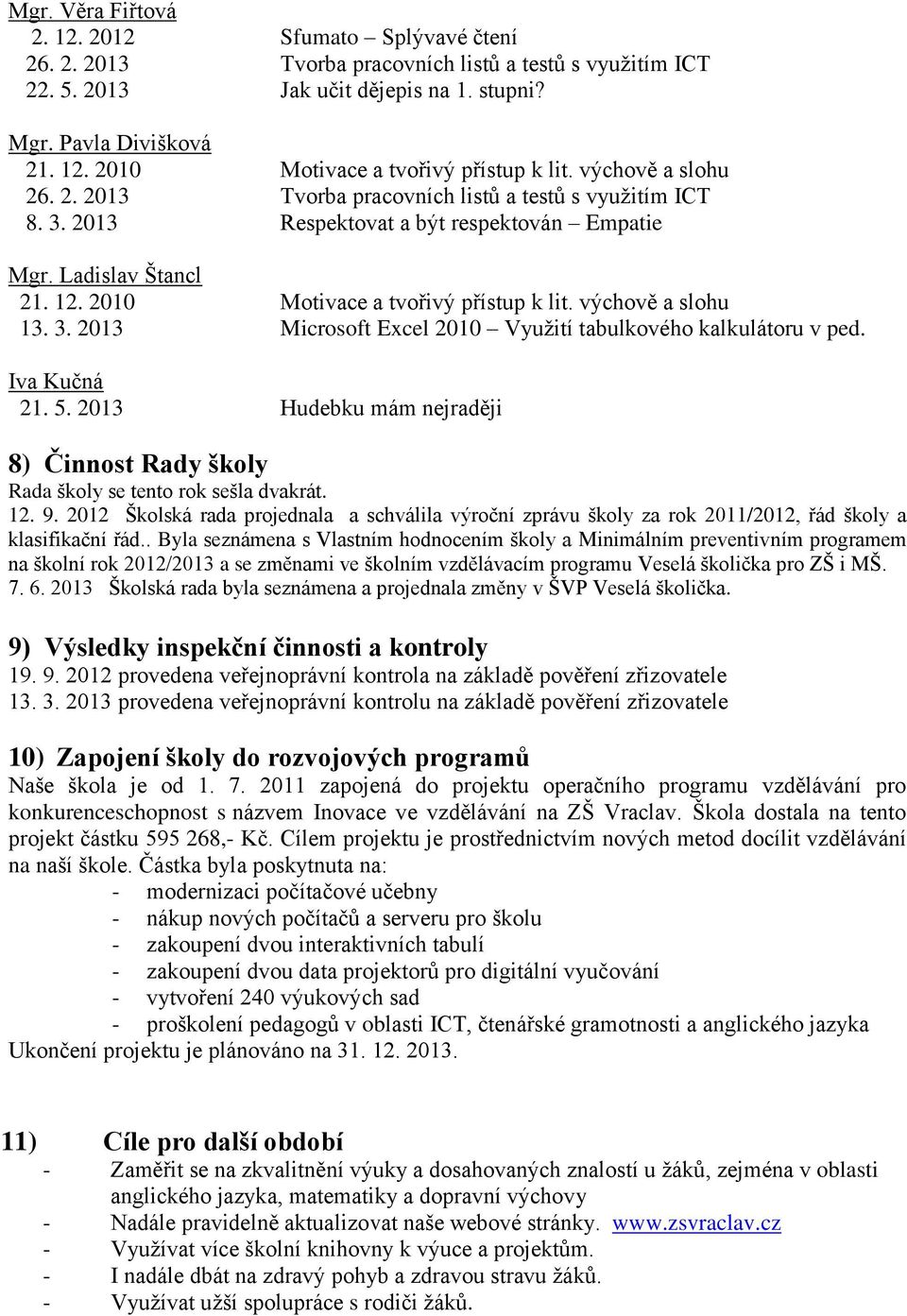 výchově a slohu 13. 3. 2013 Microsoft Excel 2010 Využití tabulkového kalkulátoru v ped. Iva Kučná 21. 5. 2013 Hudebku mám nejraději 8) Činnost Rady školy Rada školy se tento rok sešla dvakrát. 12. 9.