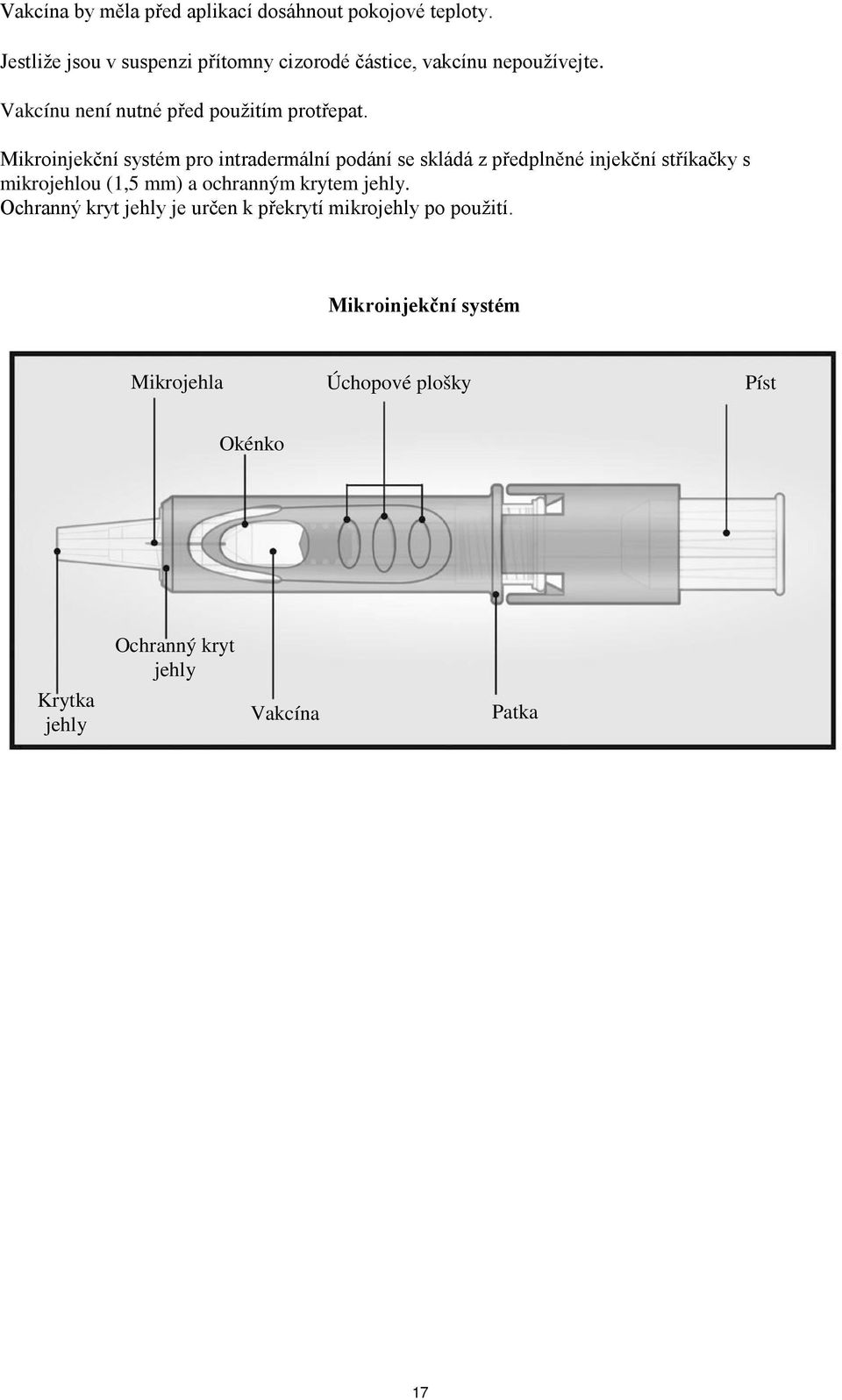 Mikroinjekční systém pro intradermální podání se skládá z předplněné injekční stříkačky s mikrojehlou (1,5 mm) a