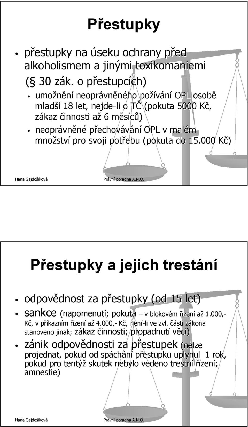 malém množstv ství pro svoji potřebu (pokuta do 15.000 Kč) K Přestupky a jejich trestání odpovědnost dnost za přestupky p (od 15 let) sankce (napomenutí; ; pokuta v blokovém řízen zení až 1.