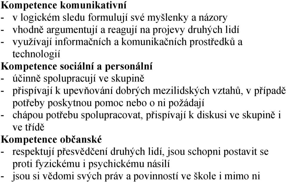 vztahů, v případě potřeby poskytnou pomoc nebo o ni požádají - chápou potřebu spolupracovat, přispívají k diskusi ve skupině i ve třídě Kompetence občanské