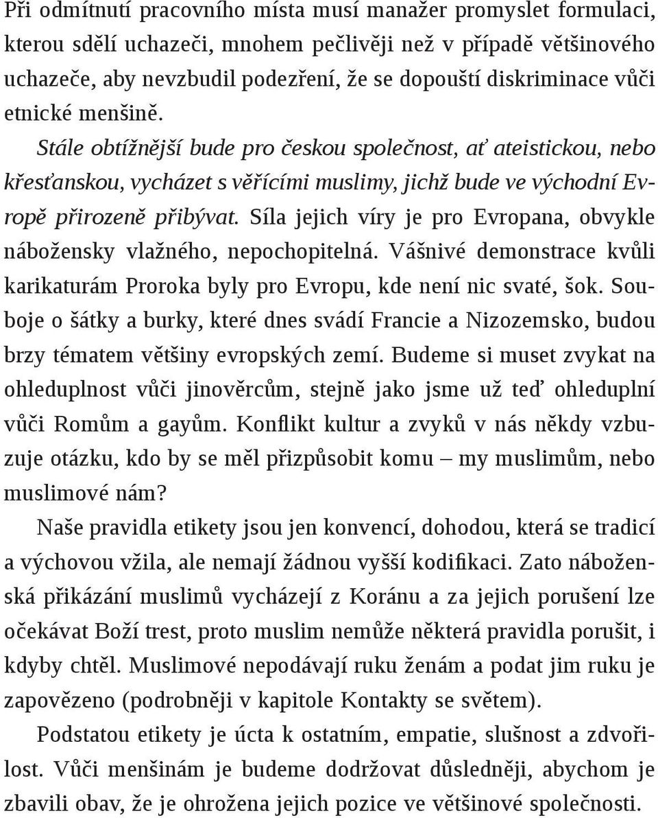 Síla jejich víry je pro Evropana, obvykle nábožensky vlažného, nepochopitelná. Vášnivé demonstrace kvůli karikaturám Proroka byly pro Evropu, kde není nic svaté, šok.