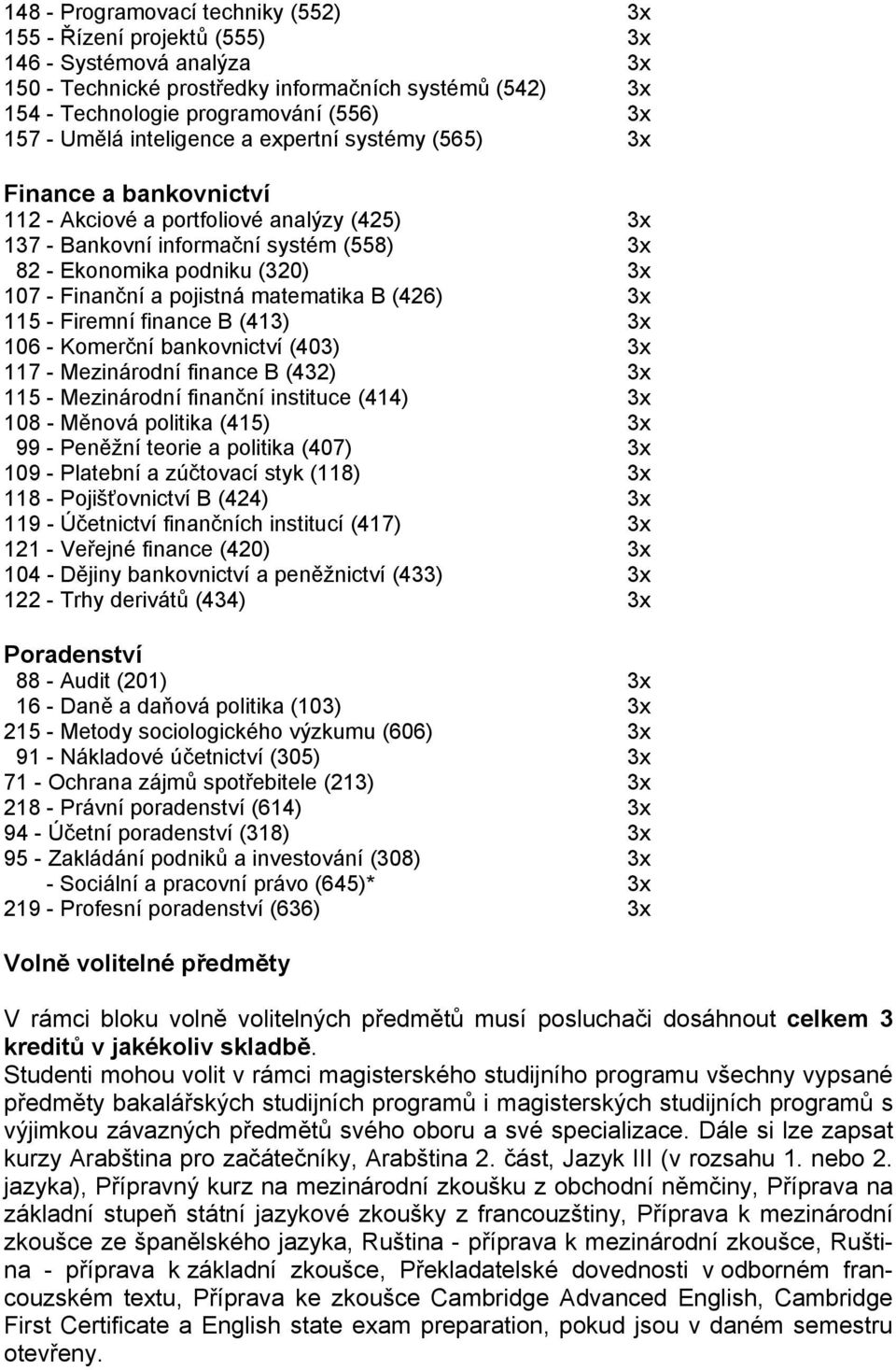 matematika B (426) 115 - Firemní finance B (413) 106 - Komerční bankovnictví (403) 117 - Mezinárodní finance B (432) 115 - Mezinárodní finanční instituce (414) 108 - Měnová politika (415) 99 -