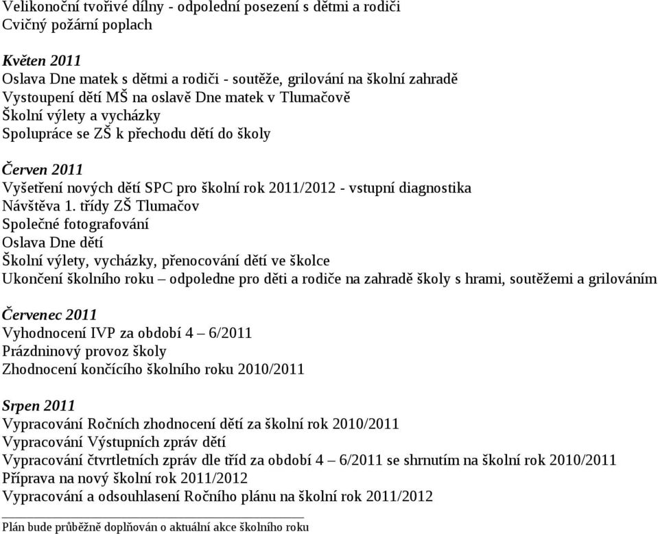 třídy ZŠ Tlumačov Společné fotografování Oslava Dne dětí Školní výlety, vycházky, přenocování dětí ve školce Ukončení školního roku odpoledne pro děti a rodiče na zahradě školy s hrami, soutěžemi a