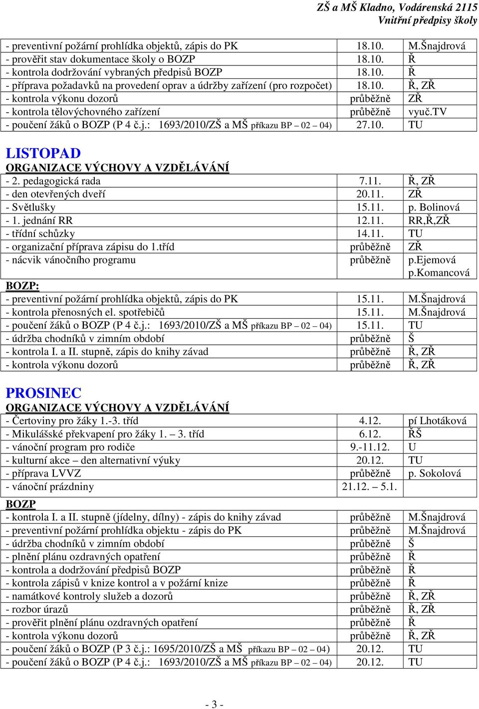 pedagogická rada 7.11. Ř, ZŘ - den otevřených dveří 20.11. ZŘ - Světlušky 15.11. p. Bolinová - 1. jednání RR 12.11. RR,Ř,ZŘ - třídní schůzky 14.11. TU - organizační příprava zápisu do 1.