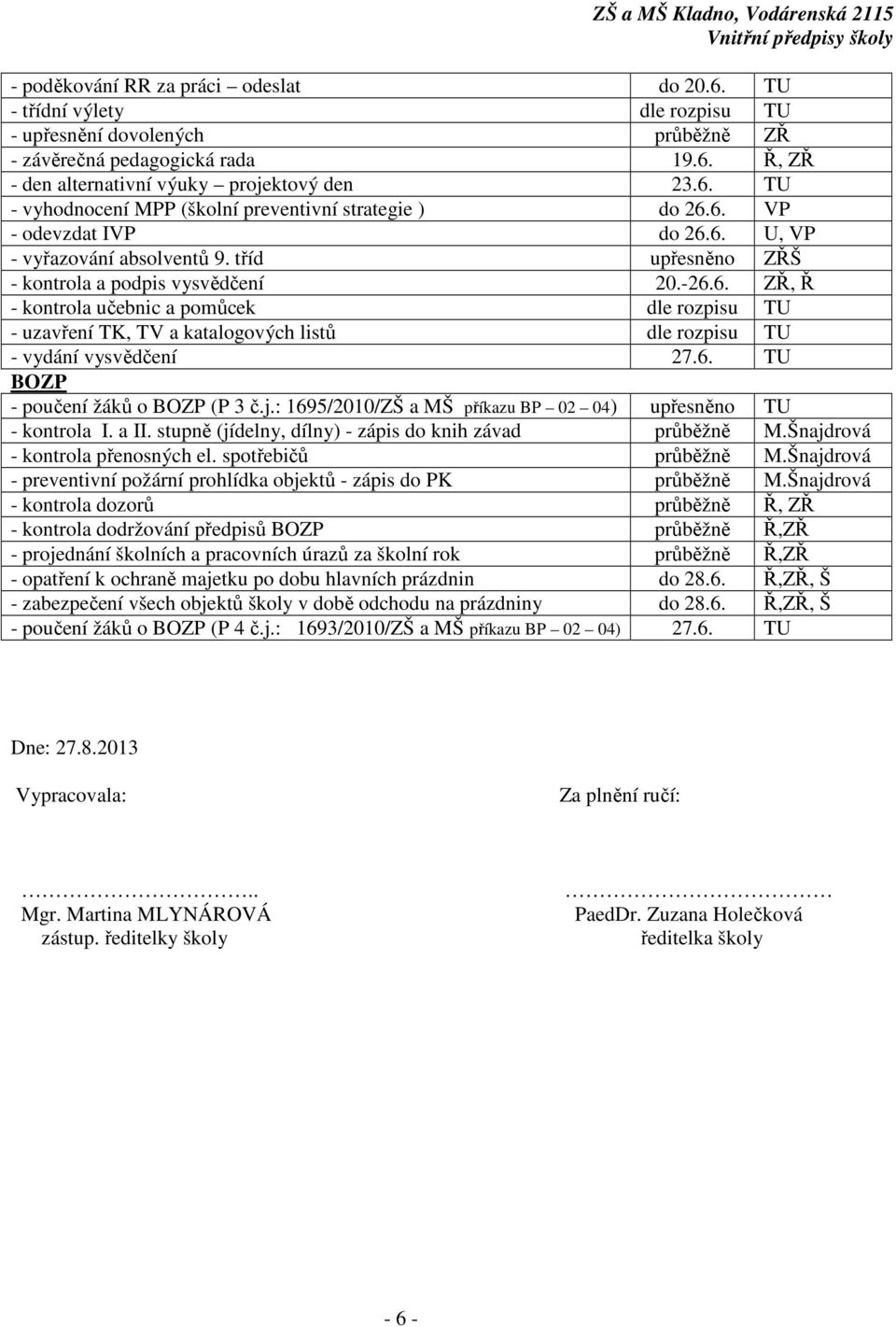 6. TU - poučení žáků o (P 3 č.j.: 1695/2010/ZŠ a MŠ příkazu BP 02 04) upřesněno TU - kontrola I. a II. stupně (jídelny, dílny) - zápis do knih závad průběžně M.Šnajdrová - kontrola přenosných el.