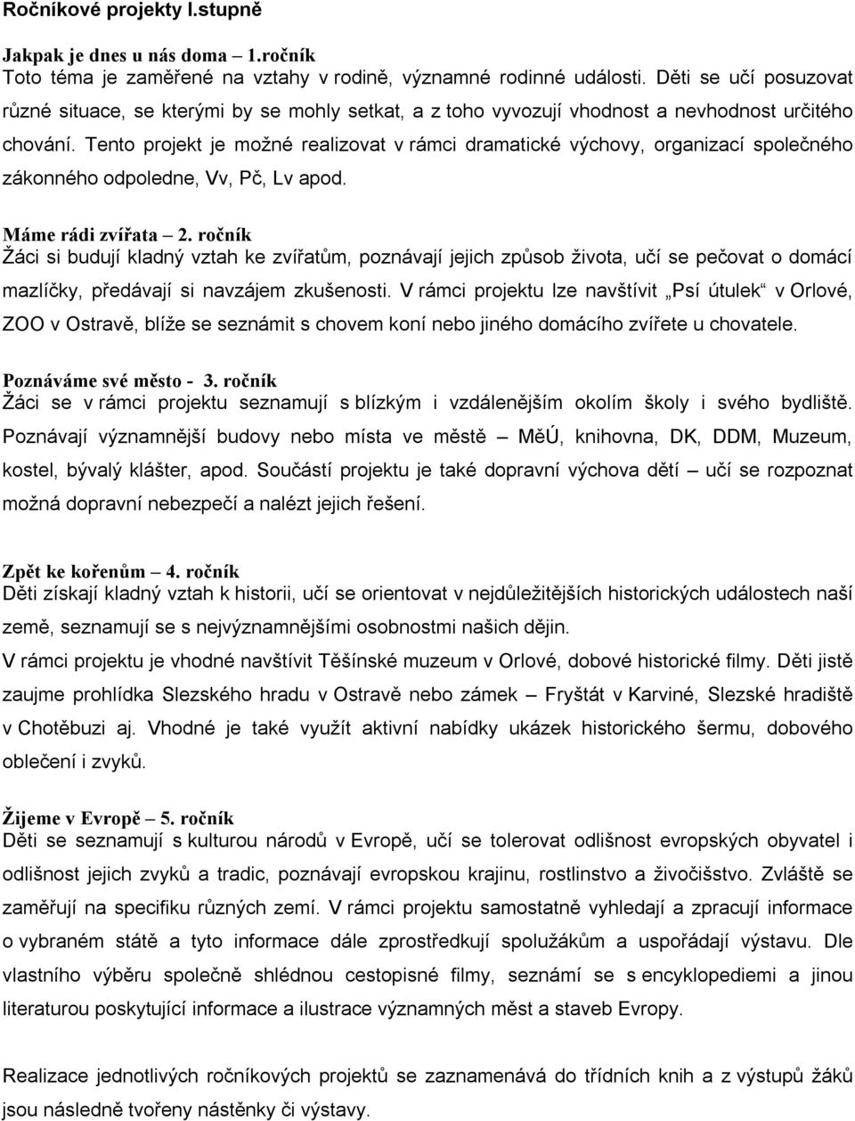 Tento projekt je možné realizovat v rámci dramatické výchovy, organizací společného zákonného odpoledne, Vv, Pč, Lv apod. Máme rádi zvířata 2.