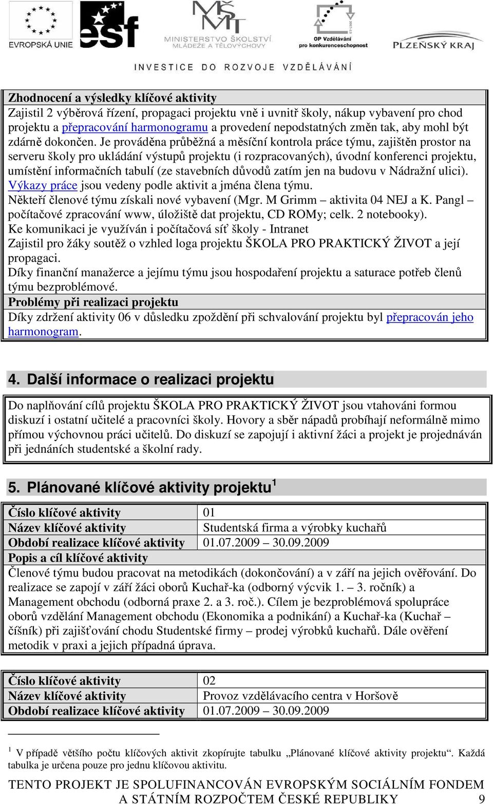 Je prováděna průběžná a měsíční kontrola práce týmu, zajištěn prostor na serveru školy pro ukládání výstupů projektu (i rozpracovaných), úvodní konferenci projektu, umístění informačních tabulí (ze