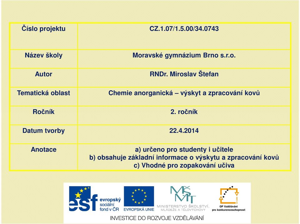 Miroslav Štefan Chemie anorganická výskyt a zpracování kovů 2.