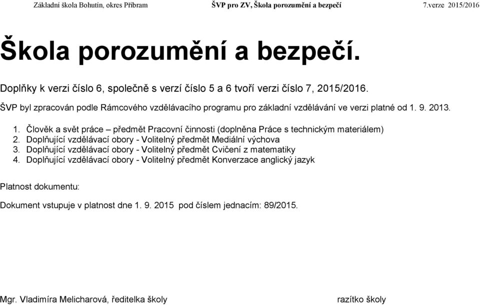 9. 2013. 1. Člověk a svět práce předmět Pracovní činnosti (doplněna Práce s technickým materiálem) 2. Doplňující vzdělávací obory - Volitelný předmět Mediální výchova 3.