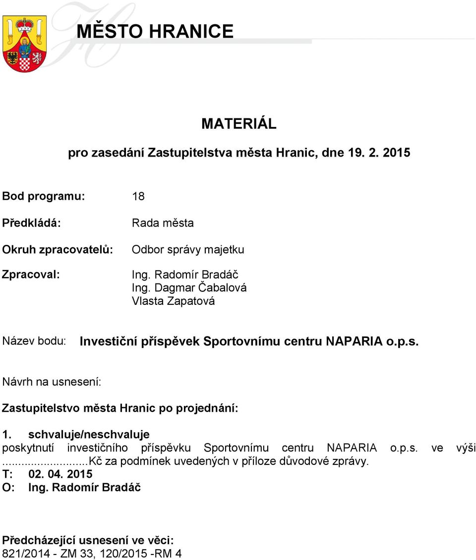 Dagmar Čabalová Vlasta Zapatová Název bodu: Investiční příspěvek Sportovnímu centru NAPARIA o.p.s. Návrh na usnesení: Zastupitelstvo města Hranic po projednání: 1.