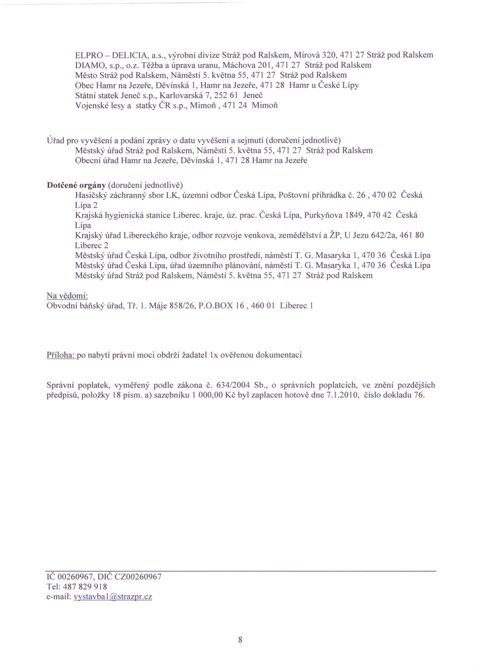 května 55, 471 27 Stráž pod Ralskem Obecní úřad Hamr na Jezeře, Děvínská 1, 471 28 Hamr na Jezeře Dotčené orgány (doručení jednotlivě) Hasičský záchranný sbor LK, územní odbor Česká Lípa, Poštovní