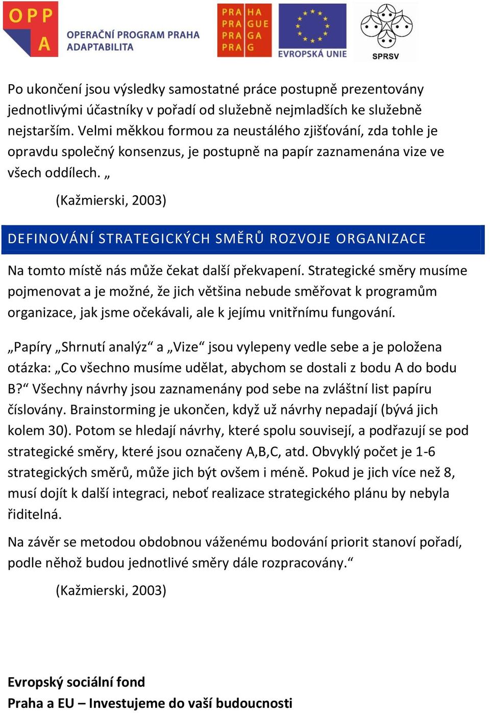 (Kažmierski, 2003) DEFINOVÁNÍ STRATEGICKÝCH SMĚRŮ ROZVOJE ORGANIZACE Na tomto místě nás může čekat další překvapení.